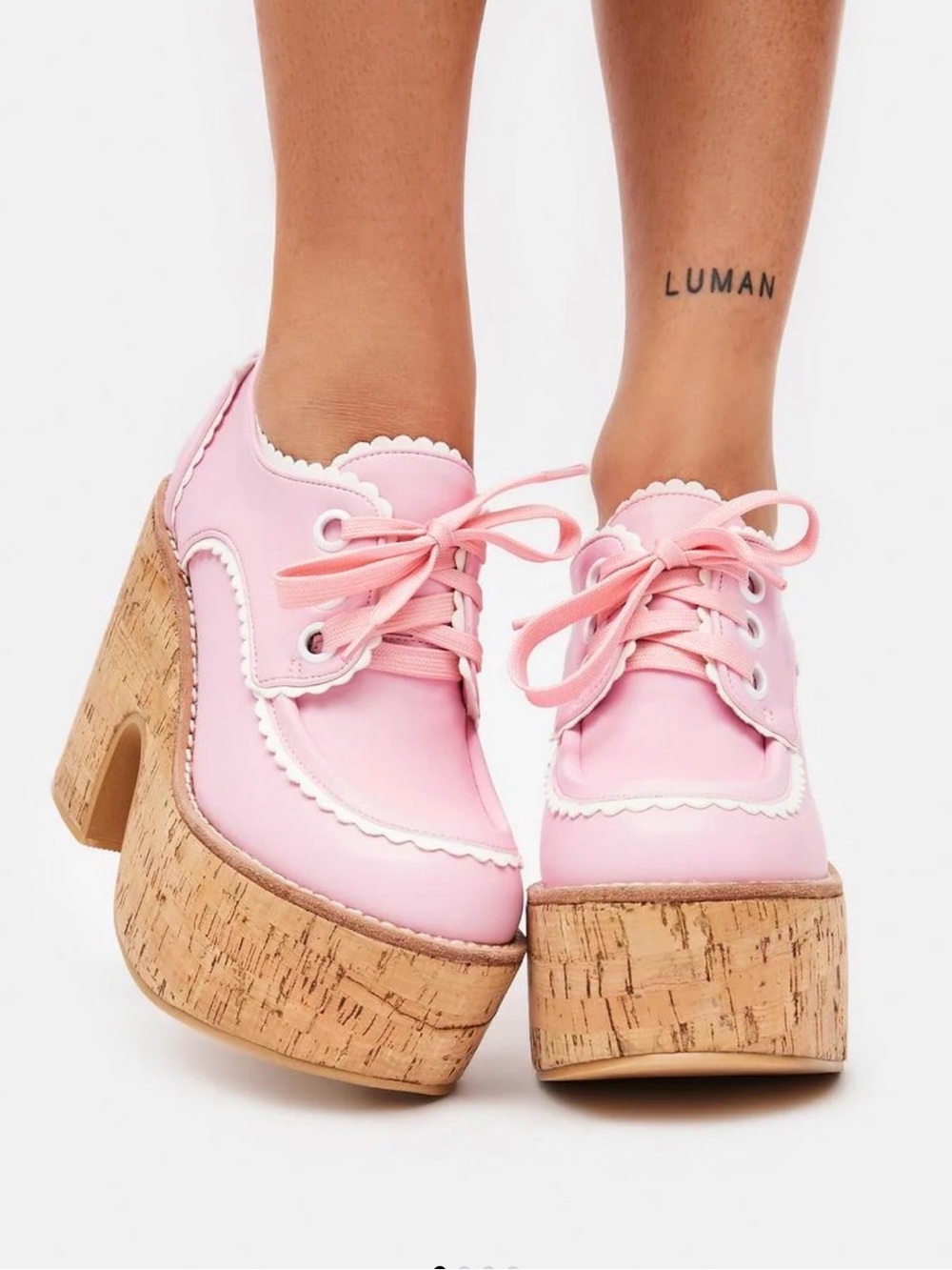 Sugar Thrillz Pink Scalloped Lace-Up Cork Platform Heels